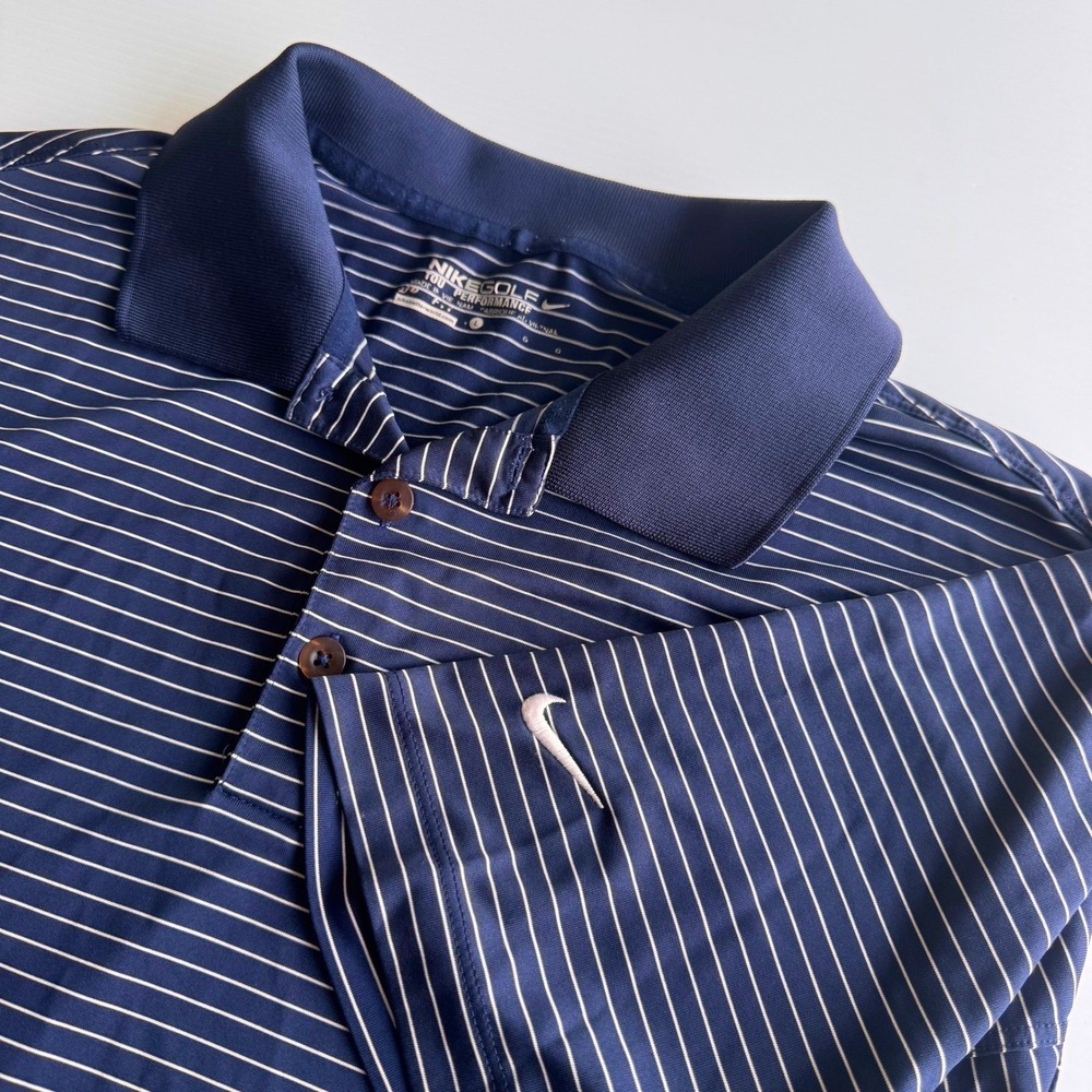 Nike Golf Tour Performance Mens‎ Large Navy Stripe Dri-FIT Polo Shirt Short
